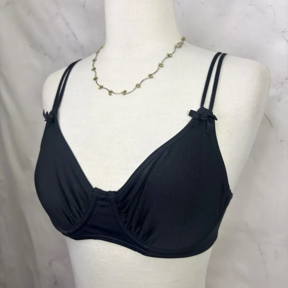 Vintage 90s  Lily of France Lace Plunge Bra 36B Black Lingerie Underwire Unlined